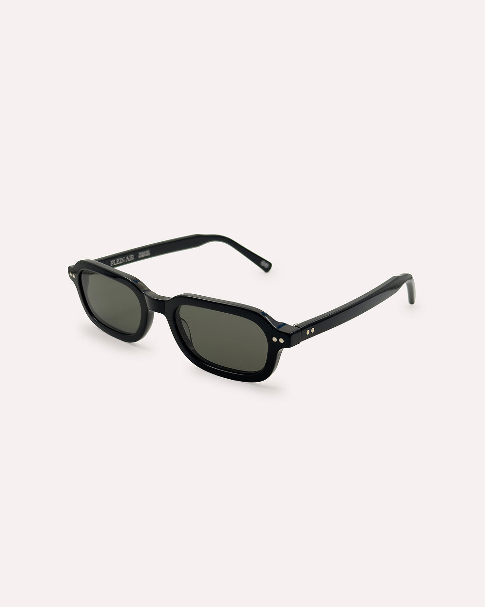 Plein Air Eyewear Cassatt sunglasses, black acetate frame with black lenses, three-quarter view