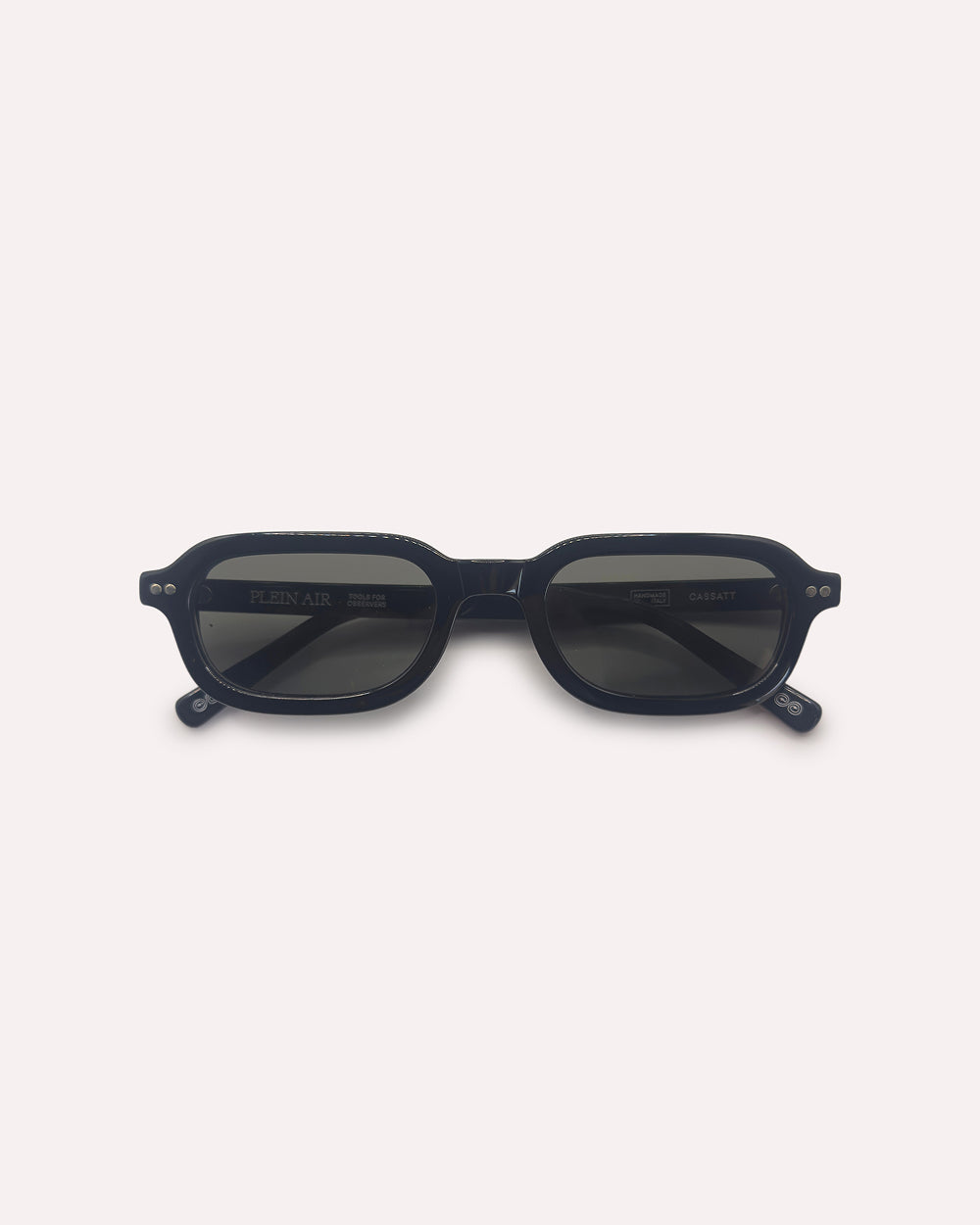 Plein Air Eyewear Cassatt sunglasses, black acetate frame with black lenses, folded