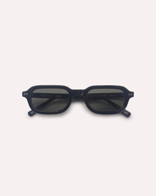 Plein Air Eyewear Cassatt sunglasses, black acetate frame with black lenses, folded