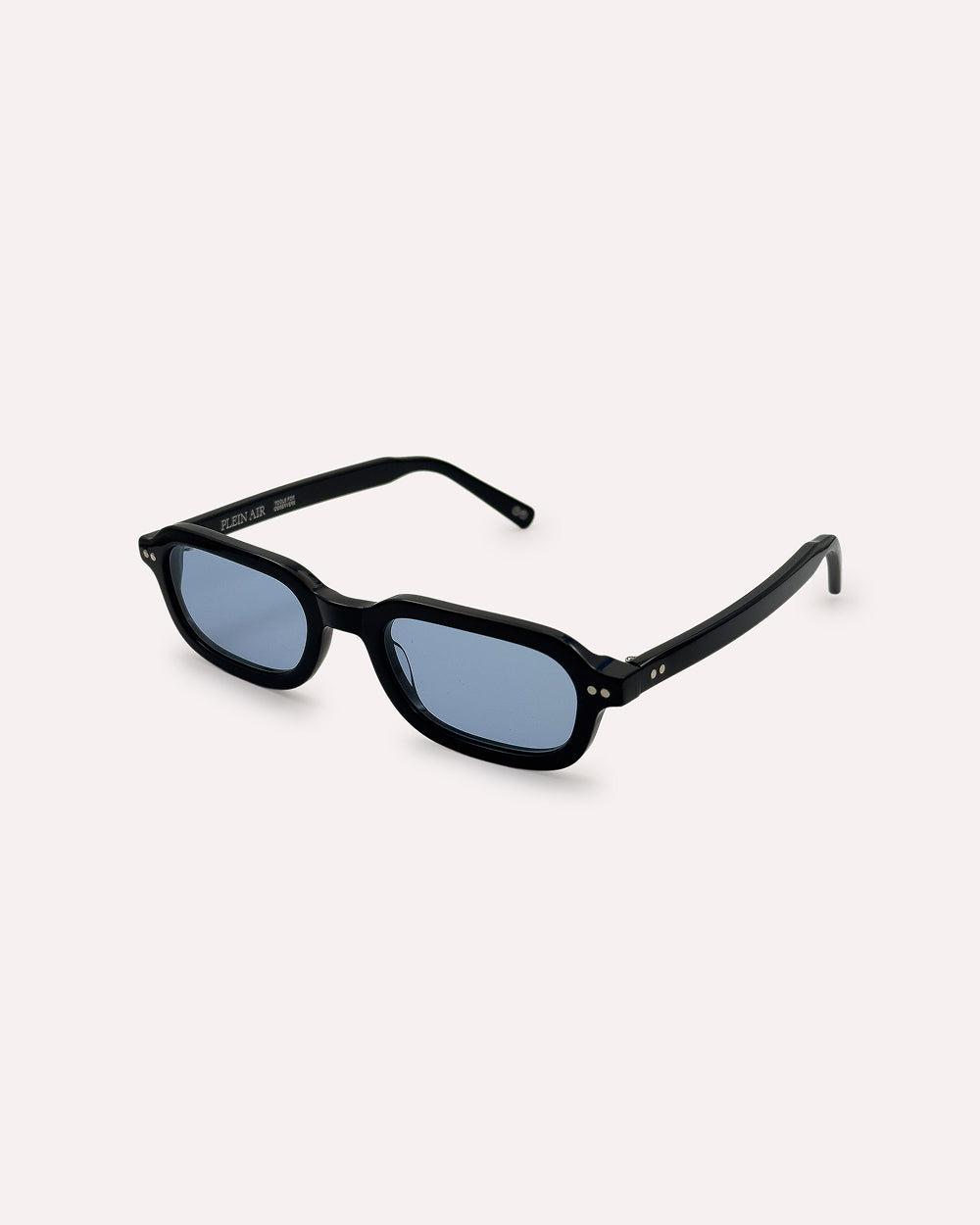 Plein Air Eyewear Cassatt sunglasses, black acetate frame with blue lenses, three-quarter view