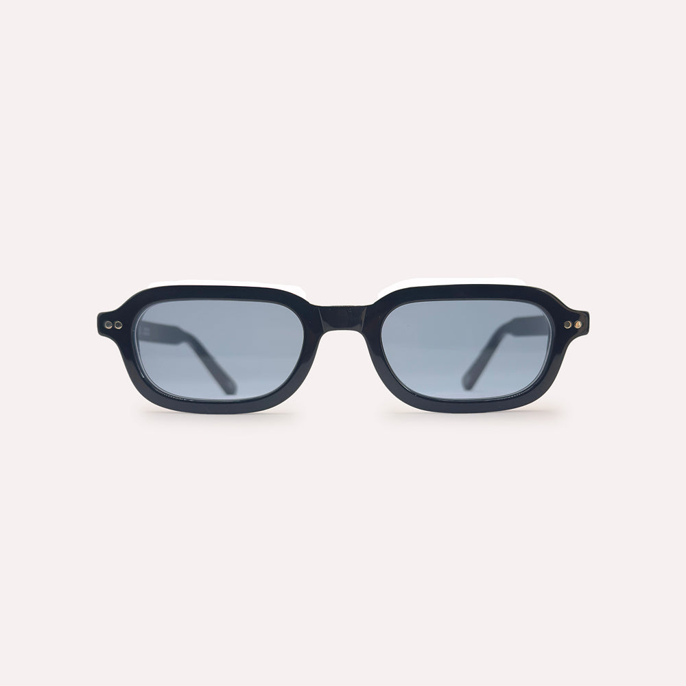 Plein Air Eyewear Cassatt sunglasses, black acetate frame with blue lenses, front view