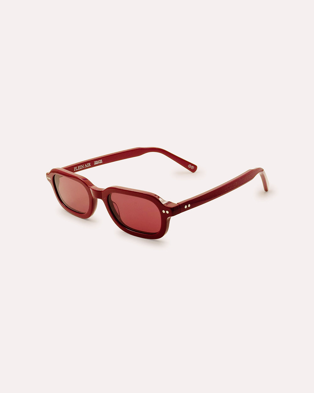 Plein Air Eyewear Cassatt sunglasses, red acetate frame with red lenses, three-quarter view